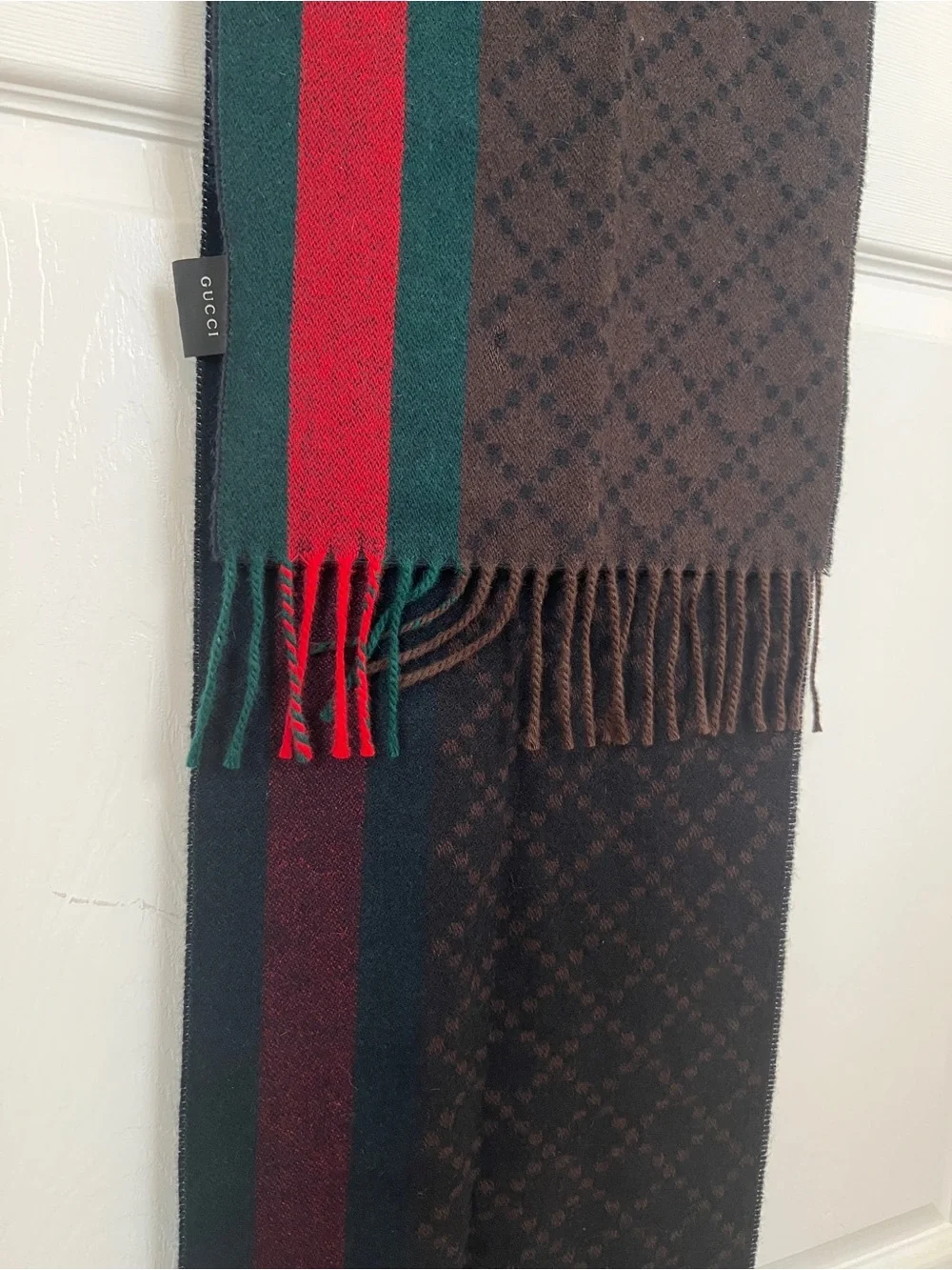 Gucci Brown Monogram Scarf with Red & Green Stripes
